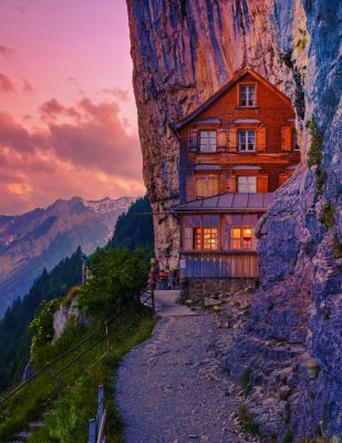Aescher mountain inn in the Appenzell Alps at sunset