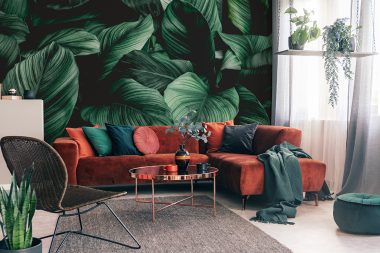 3d wall mural with green leaves in living room
