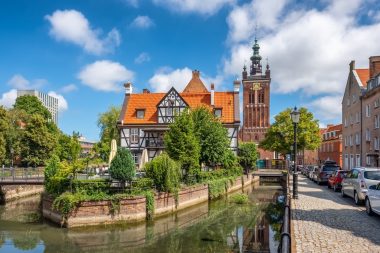Raduni Canal and Hanseatic Miller's House in the Old Town of Gdansk in summer